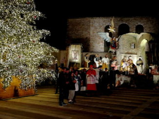 Acceso albero di Natale del Sacro Convento presepe per Terra Santa