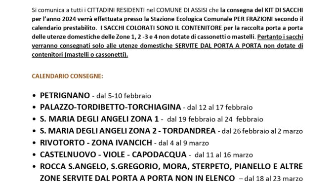 Avviso di Consegna annuale kit raccolta differenziata porta-porta dal 5 febbraio